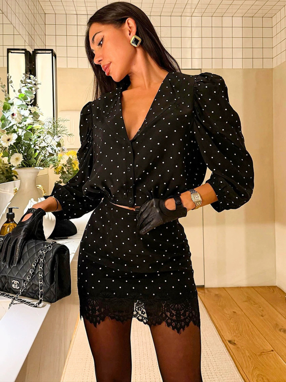 ZARA Casual Polka Dot Collar Half Sleeve Top Straight Mini Skirt Set